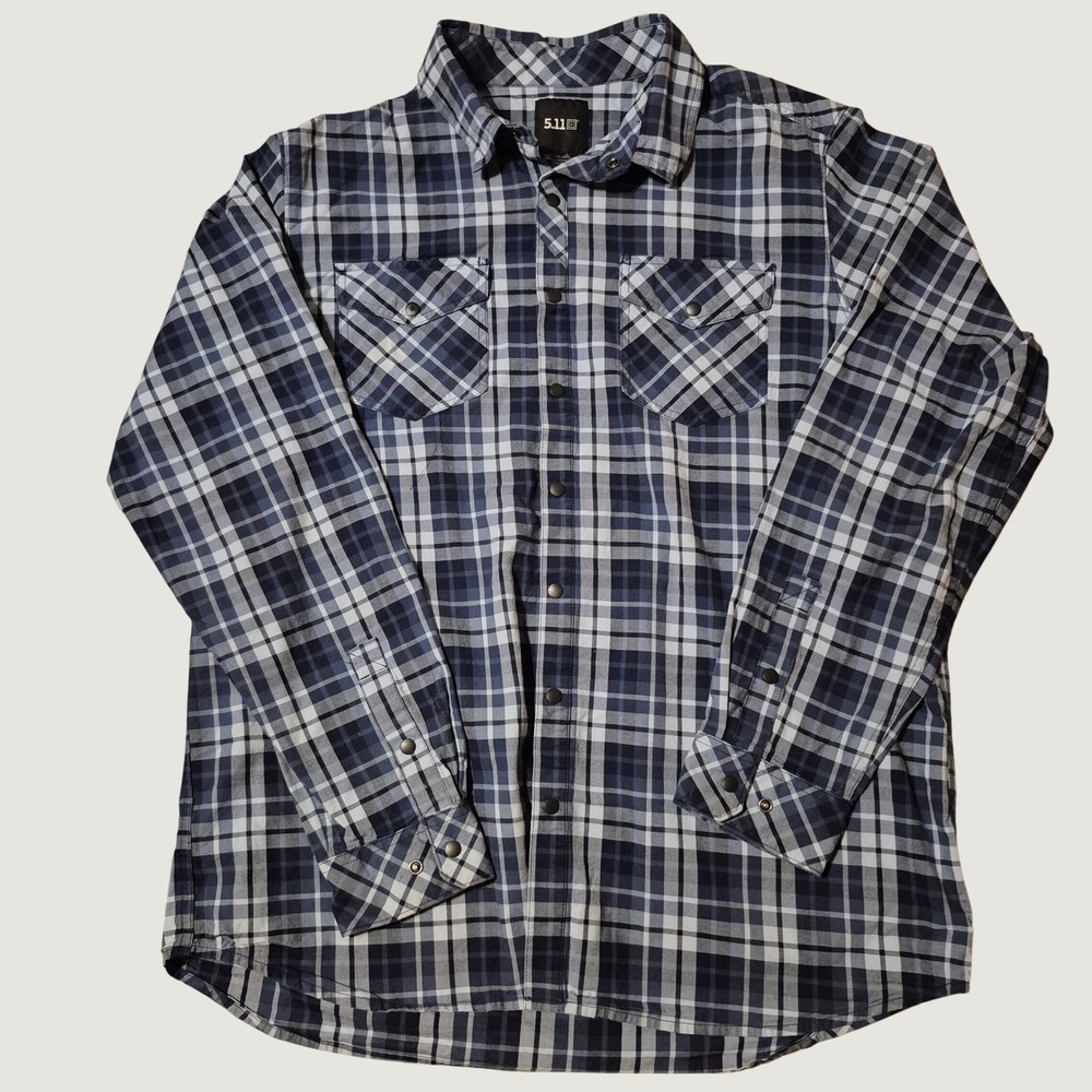 5.11 Tactical Plaid Snap Front Shirt XL Workwear Cotton Blend Blue White